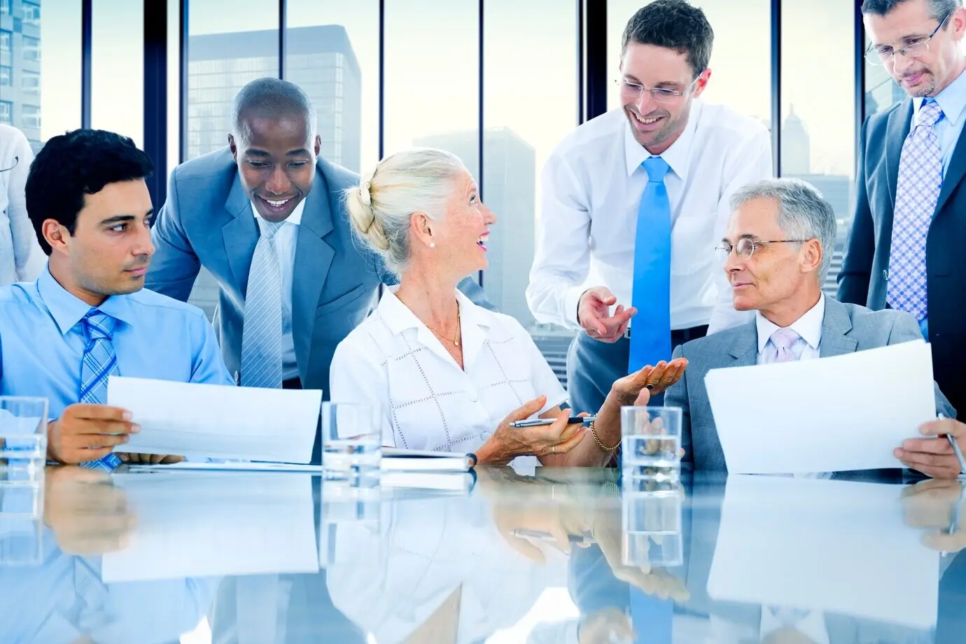 Business professionals engaged in a discussion